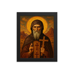 Athanasius contra mundum desert exile icon framed print on a plain backdrop in size 8"x10".