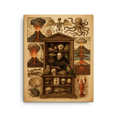 Athanasius Kircher cabinet of wonders and volcanic diagrams canvas print on a plain backdrop in size 16"x20".
