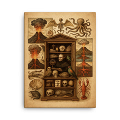 Athanasius Kircher cabinet of wonders and volcanic diagrams canvas print on a plain backdrop in size 18"x24".