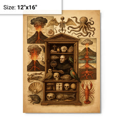 Athanasius Kircher cabinet of wonders and volcanic diagrams metal print on a plain backdrop in size 12"x16".
