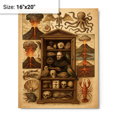 Athanasius Kircher cabinet of wonders and volcanic diagrams metal print on a plain backdrop in size 16"x20".