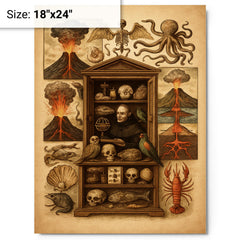 Athanasius Kircher cabinet of wonders and volcanic diagrams metal print on a plain backdrop in size 18"x24".