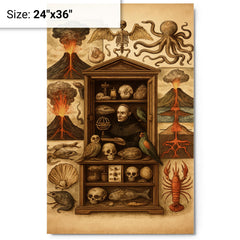 Athanasius Kircher cabinet of wonders and volcanic diagrams metal print on a plain backdrop in size 24"x36".