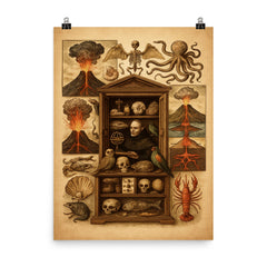 Athanasius Kircher cabinet of wonders and volcanic diagrams poster on a plain backdrop in size 8"x10".