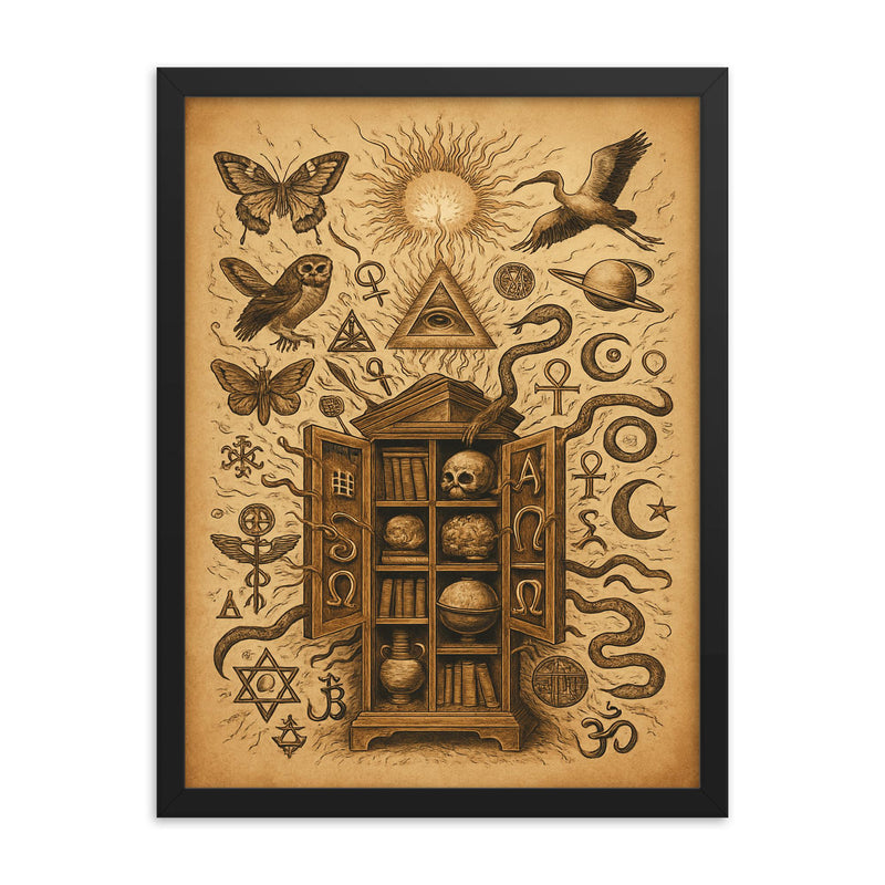 Athanasius Kircher cabinet of wonders exploding with symbols framed print on a plain backdrop in size 18
