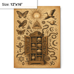 Athanasius Kircher cabinet of wonders exploding with symbols metal print on a plain backdrop in size 12"x16".