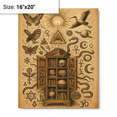 Athanasius Kircher cabinet of wonders exploding with symbols metal print on a plain backdrop in size 16"x20".