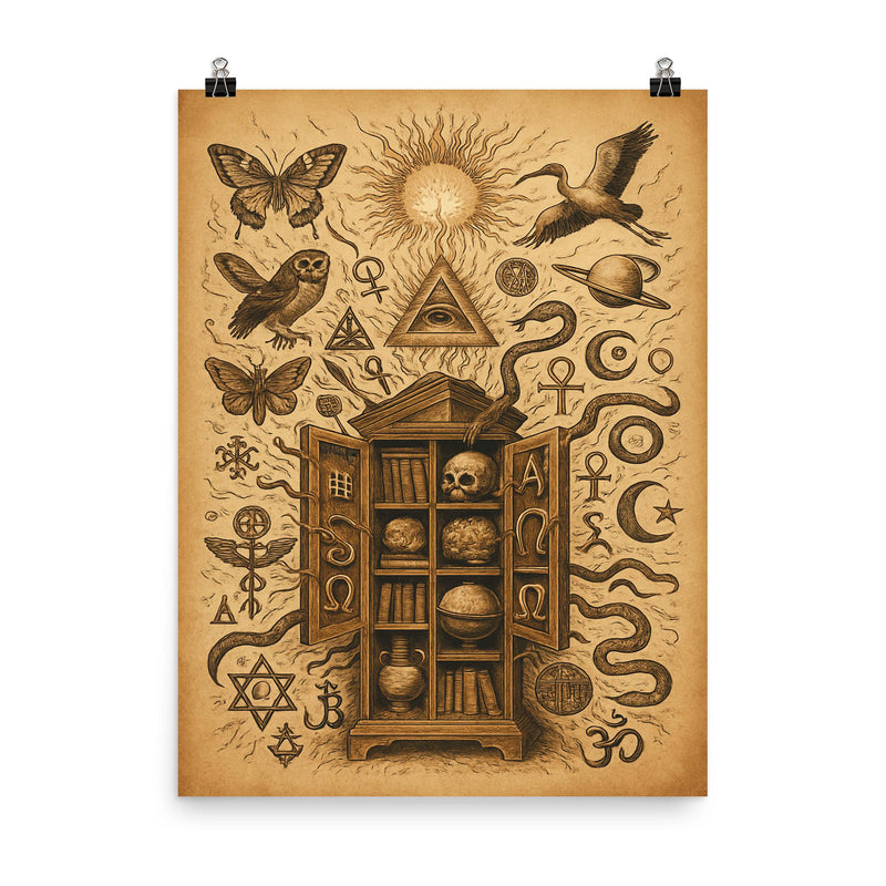 Athanasius Kircher cabinet of wonders exploding with symbols poster on a plain backdrop in size 8
