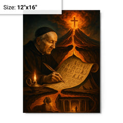 Athanasius Kircher decoding Egypt beneath volcano cross section metal print on a plain backdrop in size 12"x16".
