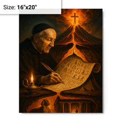 Athanasius Kircher decoding Egypt beneath volcano cross section metal print on a plain backdrop in size 16"x20".