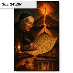 Athanasius Kircher decoding Egypt beneath volcano cross section metal print on a plain backdrop in size 24"x36".