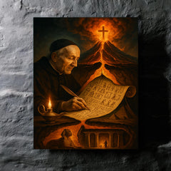 Athanasius Kircher decoding Egypt beneath volcano cross section metal print mockup