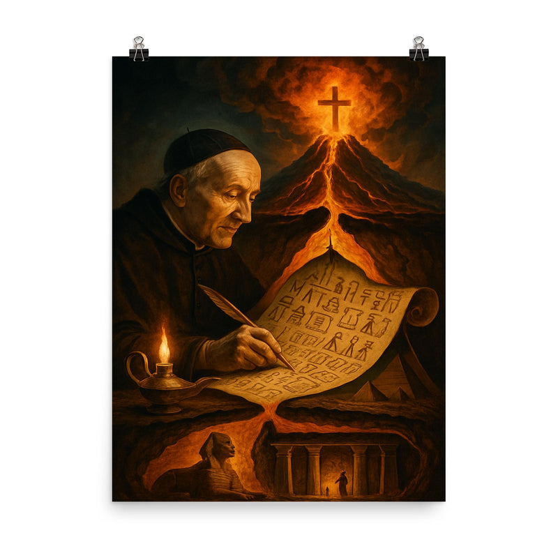Athanasius Kircher decoding Egypt beneath volcano cross section poster on a plain backdrop in size 8