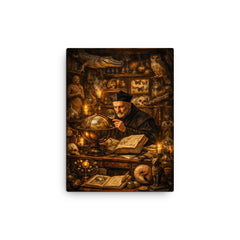 Athanasius Kircher in a cabinet of curiosities canvas print on a plain backdrop in size 12"x16".