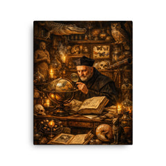 Athanasius Kircher in a cabinet of curiosities canvas print on a plain backdrop in size 16"x20".