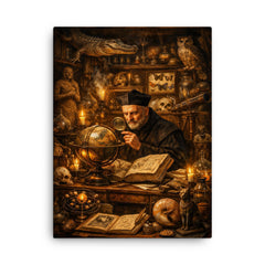 Athanasius Kircher in a cabinet of curiosities canvas print on a plain backdrop in size 18"x24".