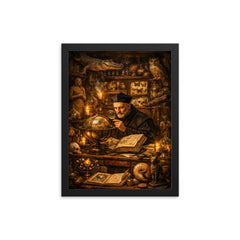 Athanasius Kircher in a cabinet of curiosities framed print on a plain backdrop in size 12"x16".