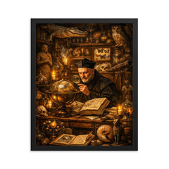 Athanasius Kircher in a cabinet of curiosities framed print on a plain backdrop in size 16"x20".