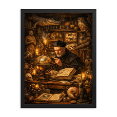 Athanasius Kircher in a cabinet of curiosities framed print on a plain backdrop in size 18"x24".