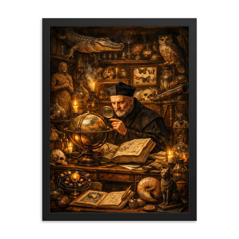 Athanasius Kircher in a cabinet of curiosities framed print on a plain backdrop in size 18