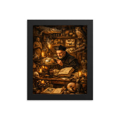 Athanasius Kircher in a cabinet of curiosities framed print on a plain backdrop in size 8"x10".