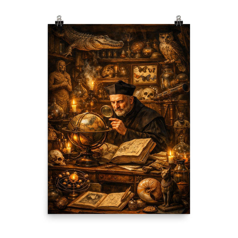 Athanasius Kircher in a cabinet of curiosities poster on a plain backdrop in size 8