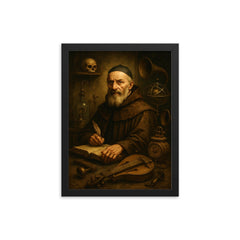 Athanasius Kircher surrounded by strange instruments framed print on a plain backdrop in size 12"x16".