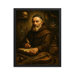 Athanasius Kircher surrounded by strange instruments framed print on a plain backdrop in size 16"x20".