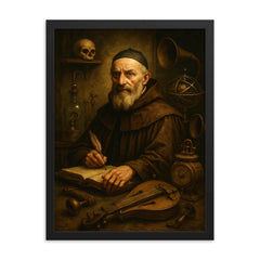 Athanasius Kircher surrounded by strange instruments framed print on a plain backdrop in size 18"x24".
