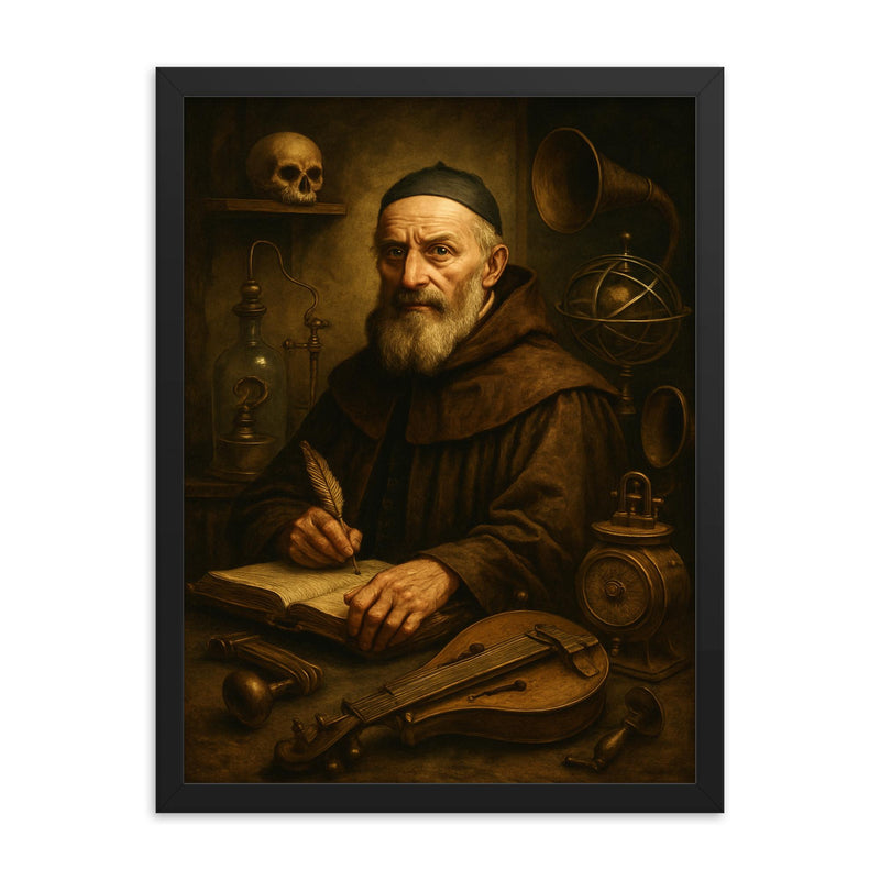 Athanasius Kircher surrounded by strange instruments framed print on a plain backdrop in size 18