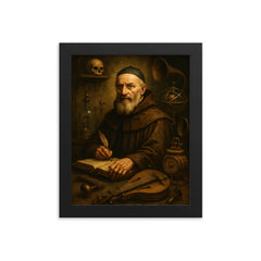 Athanasius Kircher surrounded by strange instruments framed print on a plain backdrop in size 8"x10".