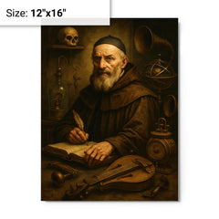 Athanasius Kircher surrounded by strange instruments metal print on a plain backdrop in size 12"x16".