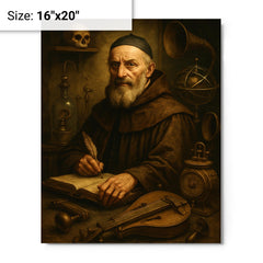 Athanasius Kircher surrounded by strange instruments metal print on a plain backdrop in size 16"x20".