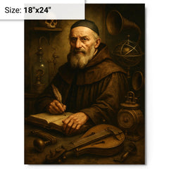 Athanasius Kircher surrounded by strange instruments metal print on a plain backdrop in size 18"x24".