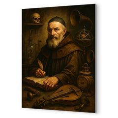 Athanasius Kircher surrounded by strange instruments metal print mockup