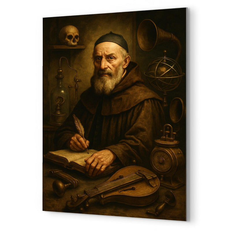 Athanasius Kircher surrounded by strange instruments metal print mockup