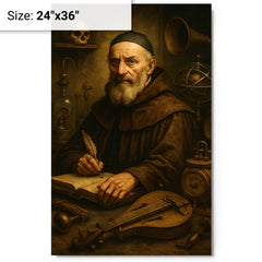 Athanasius Kircher surrounded by strange instruments metal print on a plain backdrop in size 24"x36".