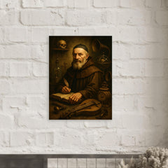 Athanasius Kircher surrounded by strange instruments metal print mockup