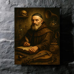 Athanasius Kircher surrounded by strange instruments metal print mockup