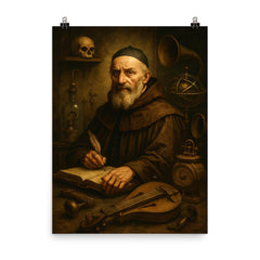 Athanasius Kircher surrounded by strange instruments poster on a plain backdrop in size 8"x10".