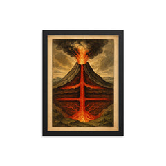 Athanasius Kircher volcano cross section study framed print on a plain backdrop in size 12"x16".