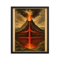 Athanasius Kircher volcano cross section study framed print on a plain backdrop in size 16"x20".