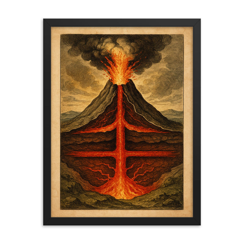 Athanasius Kircher volcano cross section study framed print on a plain backdrop in size 18
