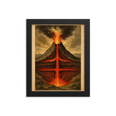 Athanasius Kircher volcano cross section study framed print on a plain backdrop in size 8"x10".