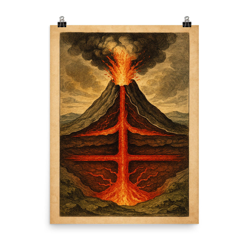 Athanasius Kircher volcano cross section study poster on a plain backdrop in size 8