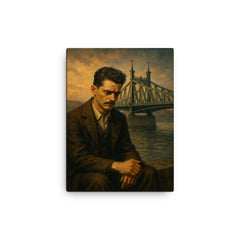 Atilla Jozsef melancholic poet by Danube iron bridge canvas print on a plain backdrop in size 12"x16".