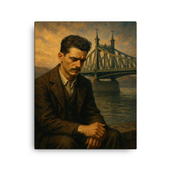 Atilla Jozsef melancholic poet by Danube iron bridge canvas print on a plain backdrop in size 16"x20".