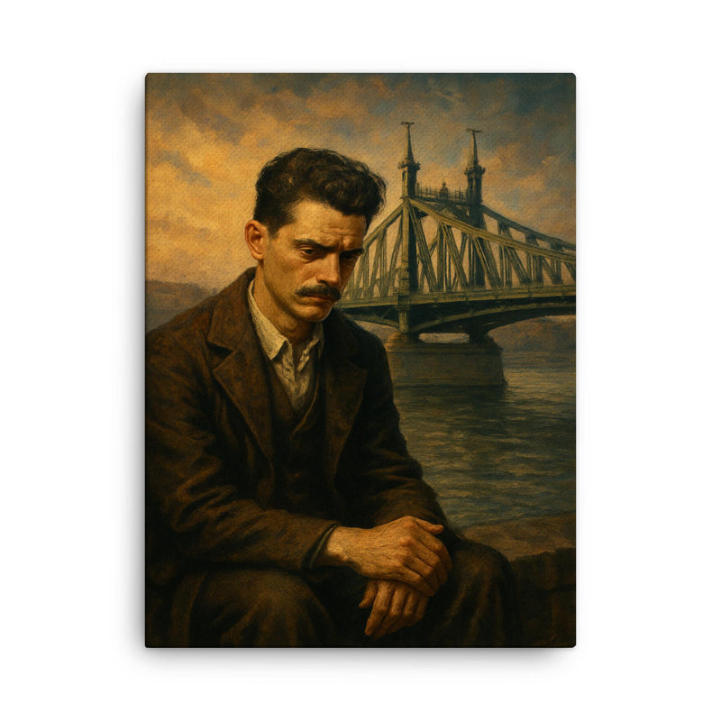 Atilla Jozsef melancholic poet by Danube iron bridge canvas print on a plain backdrop in size 18
