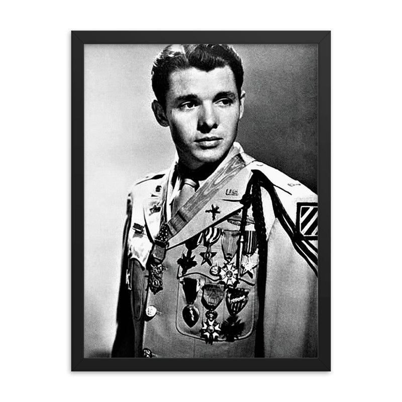 Audie Murphy framed print on a plain backdrop in size 18