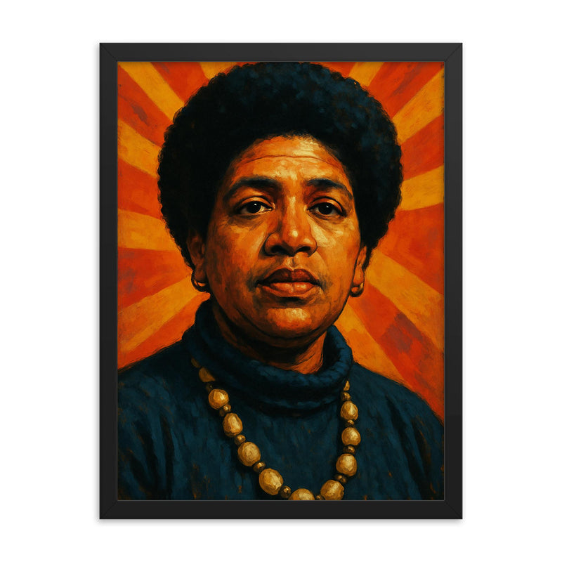 Audre Lorde framed print on a plain backdrop in size 18